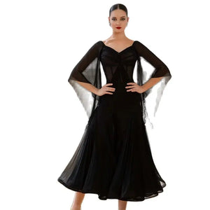 Women's Black Mesh & Chiffon Ballroom Dance Dress with Bell Sleeves