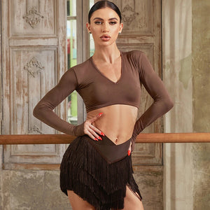 Women's Pink, Brown, Black V-Neck Long Sleeve Crop Top & Fringe Latin Dance Skirt Set