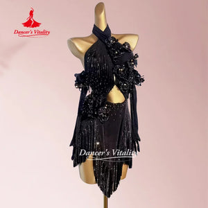 Women's Red Sequin Fringe Halter Latin Dance Dress with Floral Embellishments