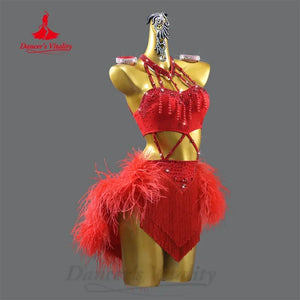 Dance Dress Women's Royal Blue Rhinestone Feather Fringe Latin Ballroom Dance Costume