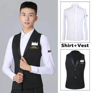 Men's White Long Sleeve Ballroom Dance Shirt with Black Vest, Latin Dance