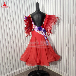 Ballroom Dance Dress Women's Red Floral Feather Embellished Standard Smooth Latin Rhythm Dance Gown
