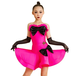 Girls Lyrical Latin Dance Dress, Hot Pink with Black Bows, Ruffled Neckline, Long Mesh Gloves