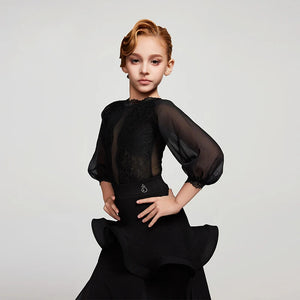 Kids Girls Black Sheer Lace Long Sleeve Ballroom Latin Dance Dress with Ruffled Skirt