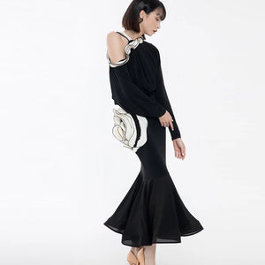 Women's Black & White Off-Shoulder Ruffle Rose Ballroom Dance Dress