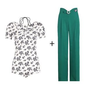 Women's Black & Green High Waist Pleated Wide Leg Ballroom Dance Pants