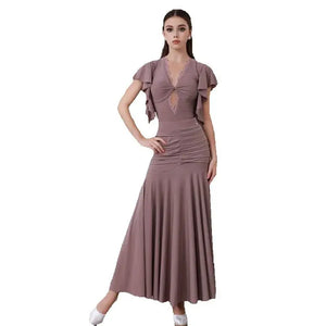 Women's Brown V-Neck Ruffle Sleeve Ruched Ballroom Dance Dress, Women's Black V-Neck Ruffle Sleeve Lace Pleated Hem Ballroom Dance Dress