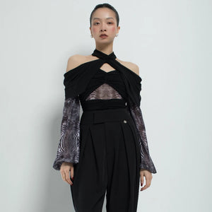 Women's Black Halter Off-Shoulder Ruched Mesh Top with Zebra Print Sleeves, Contemporary Dance