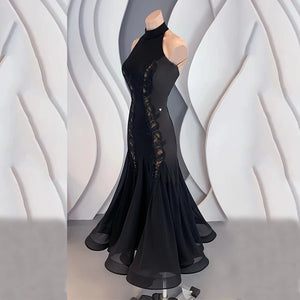Women's Black Halter Neck Rhinestone Embellished Backless Ballroom Dance Dress