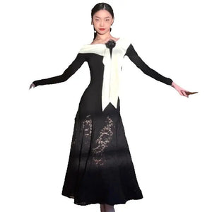 Women's Black and Cream Off-Shoulder Long Sleeve Lace Ballroom Dance Dress