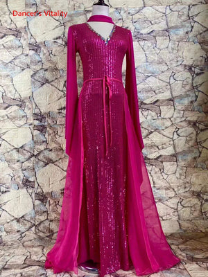 Women's Fuchsia Sequin & Chiffon Latin Ballroom Dance Dress with Halter Neck and Flowing Sleeves