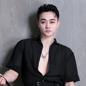 Men's White Linen Short-Sleeve Shirt with Silver Chain and Blue Pleated Trousers