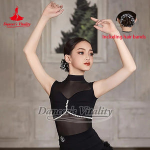 Girls' White & Black Mock Neck Mesh Pearl Latin Dance Dress with Ruffled Skirt