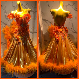 Ballroom Dance Dress Women Orange Sequin Feather Floral Standard Smooth Gown