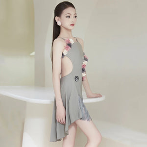Latin Dance Dress Girls Grey Floral Fringe Asymmetrical Halterneck Spandex
