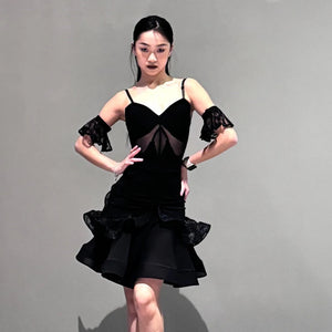 Women's Black Mesh Ruffled Latin Rhythm Salsa Dance Dress