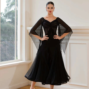 Women's Black Mesh & Chiffon Ballroom Dance Dress with Bell Sleeves