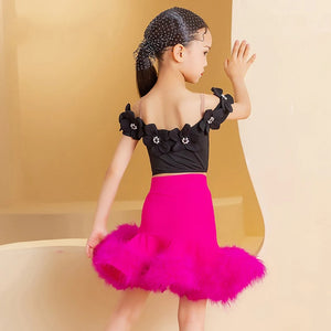 Girls Fuchsia Pink Feathered Latin Dance Skirt Set with Black Off-Shoulder Floral Top