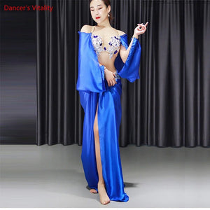 Belly Dance Costume Women Orange Satin Embroidered Crop Top with Bell Sleeves and Long Skirt