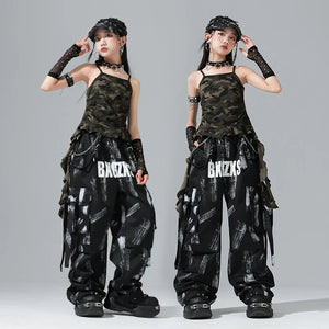 Kids Girls Camouflage Cami Top Black White Print Cargo Pants Hip Hop Dance Costume