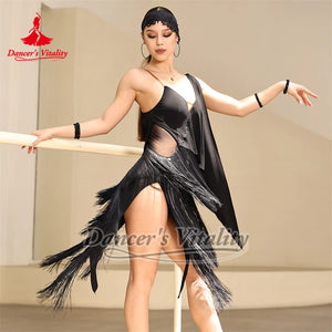 Latin Dance Dress Women Brown Fringe Sleeveless Sheer Mesh Back Standard Rumba Cha-Cha Samba Tango Ballroom Performance Costume