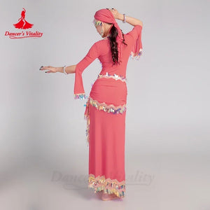 Belly Dance Costume Women's Lime Green Sequin Embellished Long Sleeve Bra Top & Skirt Set for Performance