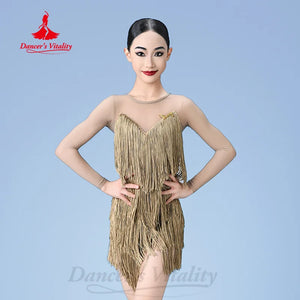 Women's Beige Fringe Latin Dance Dress with Long Sleeves, Ballroom Rumba Cha Cha Samba Tango Costume