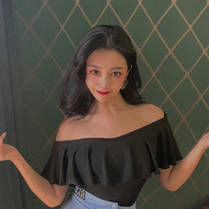 Women's Black & White Off-Shoulder Ruffle Latin Dance Top with Crisscross Back