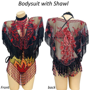 Bodysuit, Women's, Black/Red/Gold, Sequin Beaded Fringe, Latin Dance