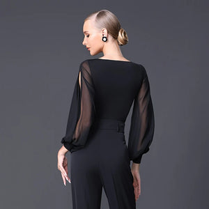 Women's Black V-Neck Chiffon Sleeve Bodysuit with Decorative Buttons, Ballroom Dance