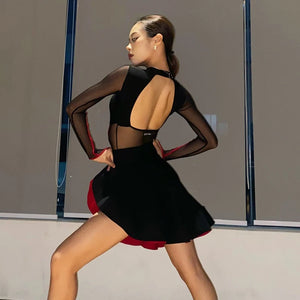 Women's Black & Red Mesh Cutout Latin Dance Dress with Open Back