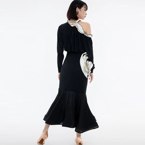 Women's Black & White Off-Shoulder Ruffle Rose Ballroom Dance Dress