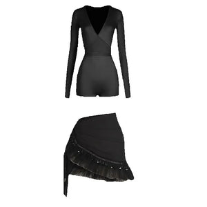 Women's Black, Pink, Ivory Long Sleeve V-Neck Wrap Bodysuit with Ruffled Tulle & Satin Tie Skirt for Latin Ballroom Dance