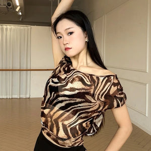 Women's Off-Shoulder Dance Top, Solid & Animal Print, Short Sleeve, Polyester Blend, Latin Dance