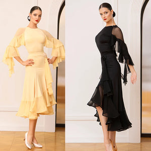 Ballroom Dance Dress Women's Yellow Mesh Ruffle Sleeve Asymmetrical Skirt, Ballroom Dance Dress Women's Black Mesh Ruffle Sleeve Asymmetrical Skirt