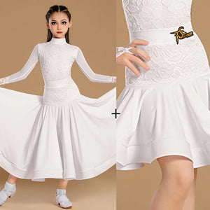 Girls White and Mint Green Lace Long Sleeve Ballroom Dance Dress