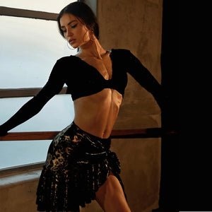 Women's Black Glitter Long Sleeve Crop Top and Leopard Print Ruffle Skirt Latin Dancewear, Women's Burgundy Glitter Long Sleeve Crop Top and Leopard Print Ruffle Skirt Latin Dancewear, Women's Gold Glitter Long Sleeve Crop Top and Leopard Print Ruffle Ski