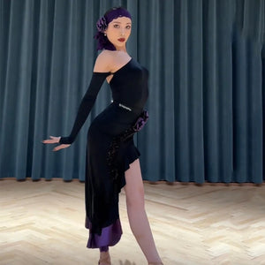 Women's Blue Ruffled Asymmetrical Hem Latin Dance Dress with Headband, Arm Sleeve & Floral Detail