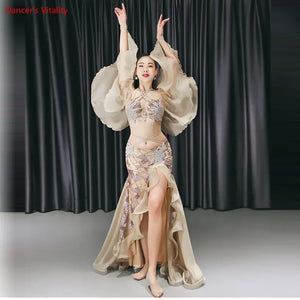 Belly Dance Costume Women's Silver Sequin Halter Top Chiffon Sleeve Slit Skirt Set, Adult