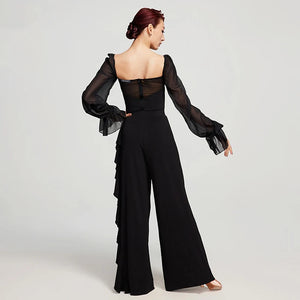 Women's Black & White Chiffon & Spandex Ruffled Wide-Leg Ballroom Dance Pants & Blouse Set