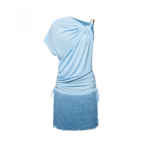 Women's Blue One-Shoulder Ruched Fringe Latin Dance Dress