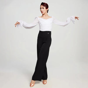 Women's Black & White Chiffon & Spandex Ruffled Wide-Leg Ballroom Dance Pants & Blouse Set