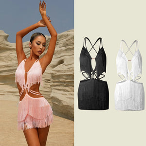 Lyrical Dance Dress Women's Pink Fringe Cutout Halter Mini Dress, Latin Dance Dress Women's Black Fringe Cutout Halter Mini Dress, Latin Dance Dress Women's White Fringe Cutout Halter Mini Dress