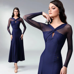 Women's Red Mesh Long Sleeve Ballroom Dance Dress, Women's Black Mesh Long Sleeve Ballroom Dance Dress, Women's Navy Blue Mesh Long Sleeve Ballroom Dance Dress