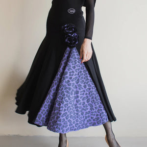 Ballroom Dance Dress Women's Black & Purple Leopard Print Long Sleeve Backless Mesh Panel Standard Smooth Gown