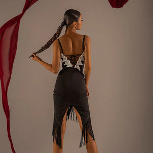 Women's Black Ruched Fringe Asymmetrical Latin Dance Skirt
