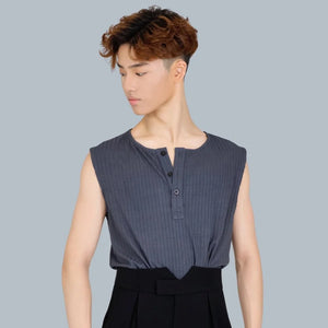 Men's Gray & Navy Ribbed Sleeveless Henley Dance Top with High-Waisted Black Pants, Modern Lyrical Ballet Contemporary Dancewear