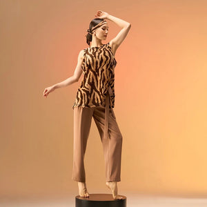 Women's Dark Mauve High-Waisted Pleated Tapered Dance Pants with Tie-Waist