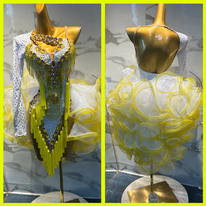 Women's White & Yellow Rhinestone Fringe Ruffle Latin Dance Dress