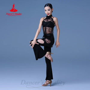 Girls Black Lace Sequin Halter Top and Cut-Out Bell Bottom Pants Latin Dancewear